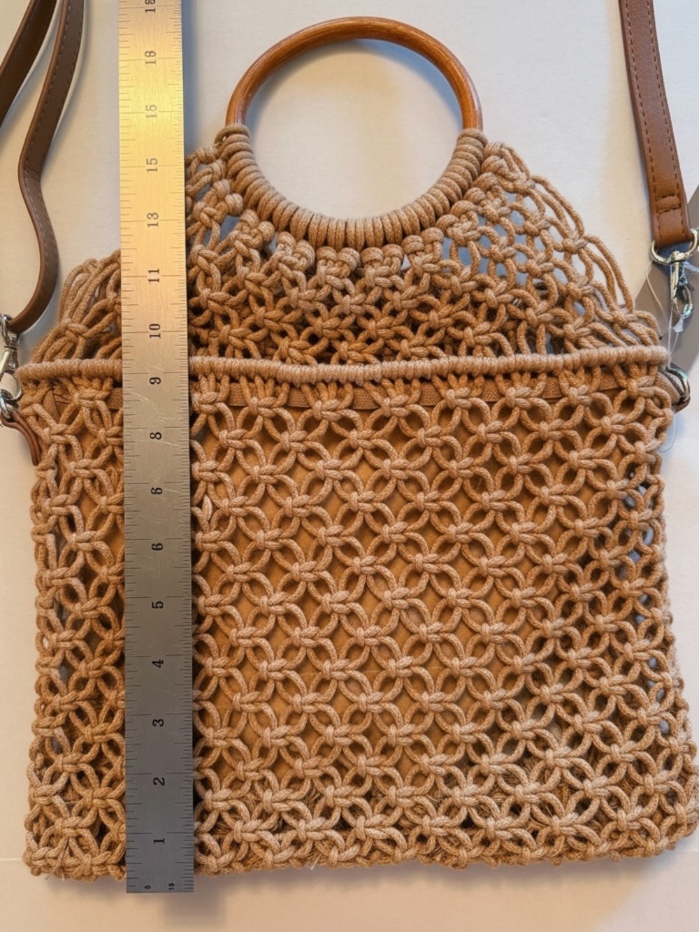 Crown Vintage Boho Macrame Tote Bag Wood Handles Crossbody Beach Resort NWT - Picture 10 of 12